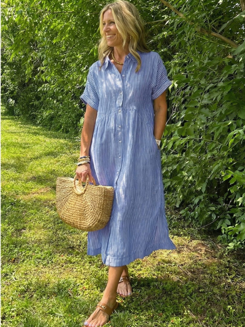 Women's striped button front midi dress with short sleeves. Perfect casual summer dress.