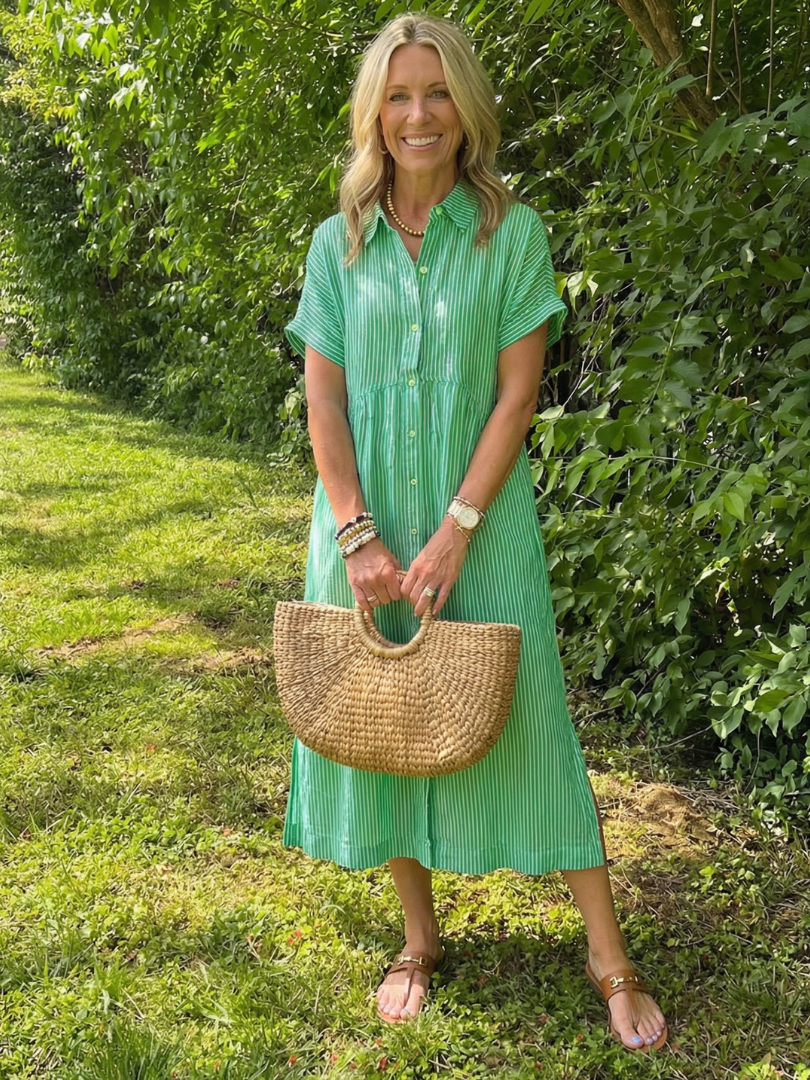 Comfortable women's striped midi dress, short sleeves & button front. Ideal for summer casual wear or vacation.