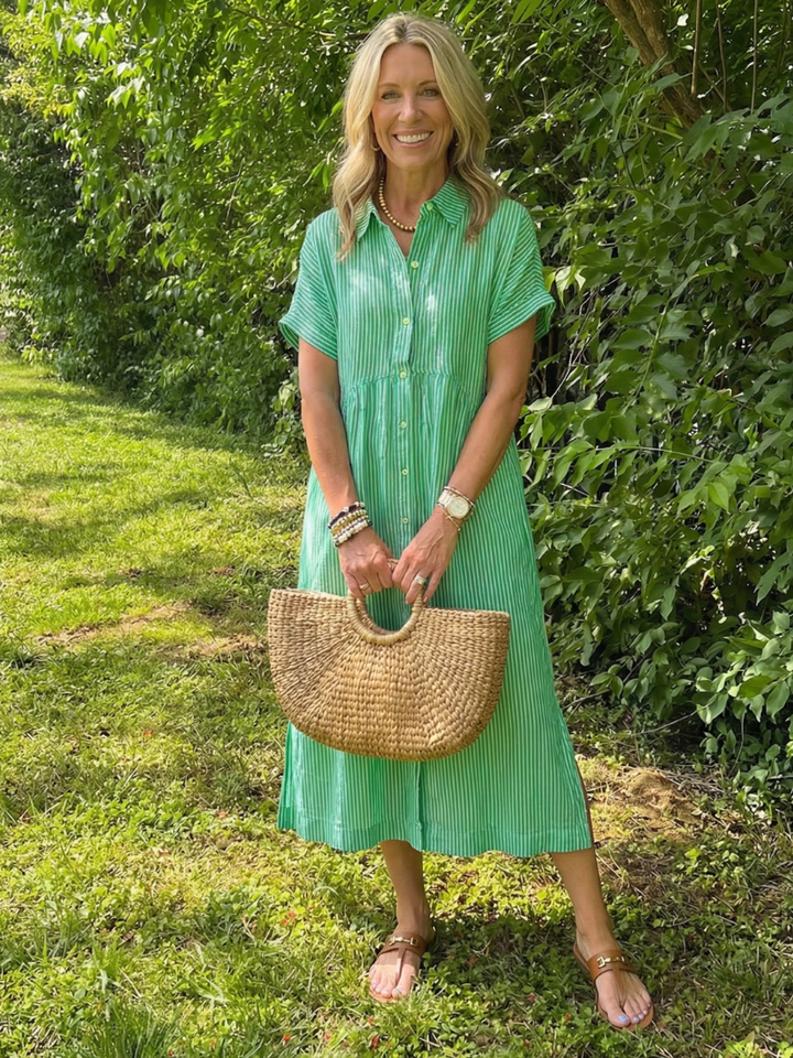 Comfortable women's striped midi dress, short sleeves & button front. Ideal for summer casual wear or vacation.