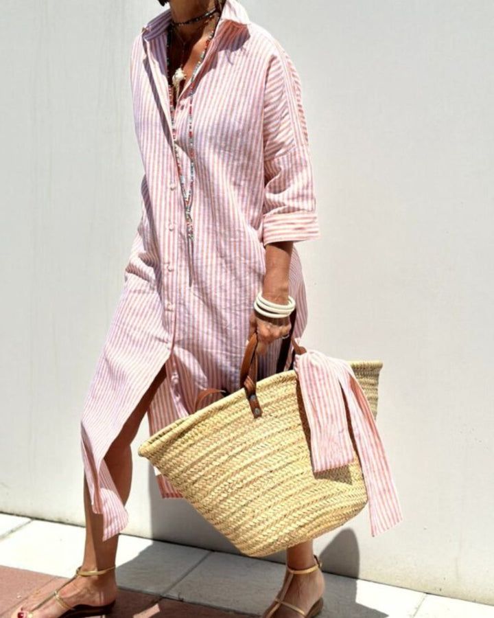 Women's striped button front midi shirt dress for casual summer style. Relaxed fit, perfect for vacation.