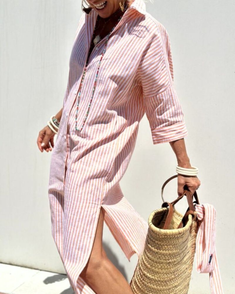 Chic women's striped midi shirt dress with button-front, long sleeves, ideal for versatile spring and summer fashion.