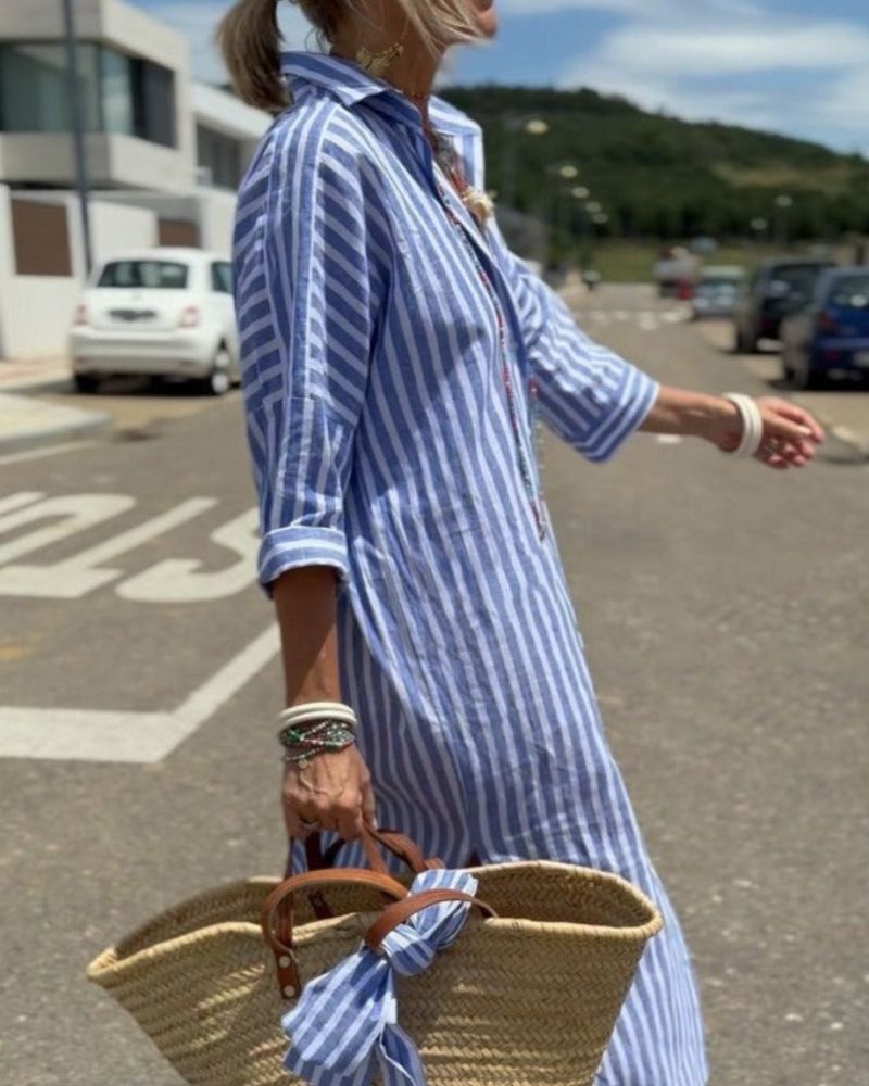 Comfortable women's button-front striped midi dress. Elegant yet casual, a must-have for spring & summer fashion.