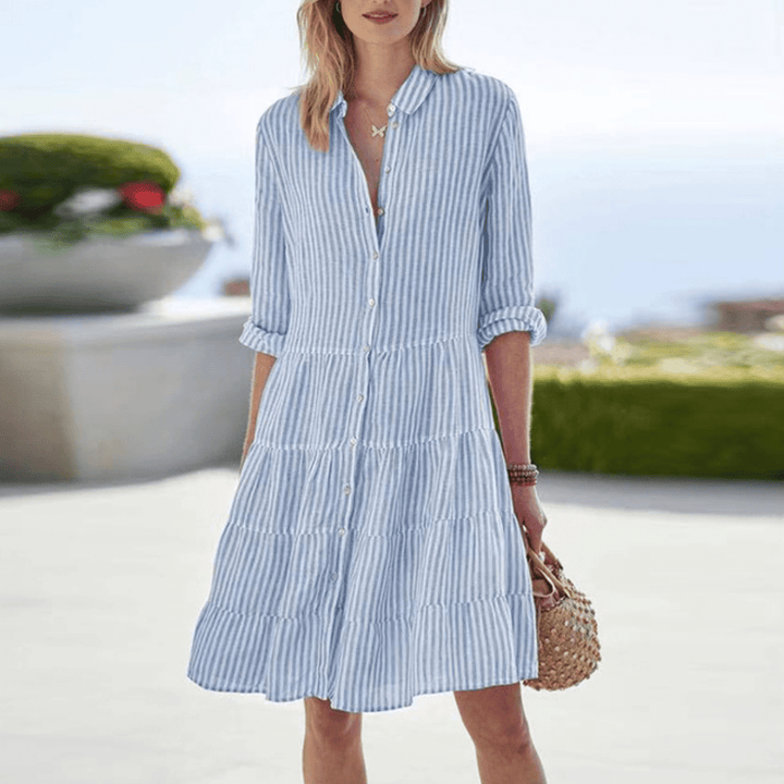 Women's striped collared tiered button-front summer dress, perfect for casual everyday style.