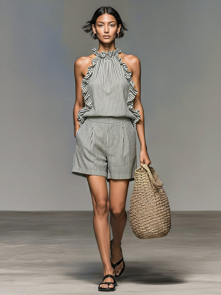 Stylish women's two-piece striped halter top & ruffly shorts set. Ideal comfy fashion for casual or resort wear.