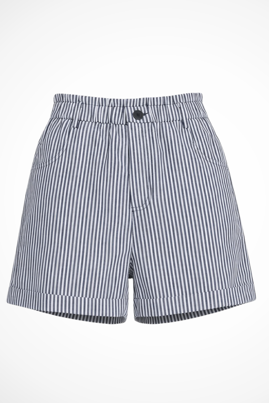 Elegant women's striped high waist tailored shorts paired with heels, perfect for a sophisticated summer look.