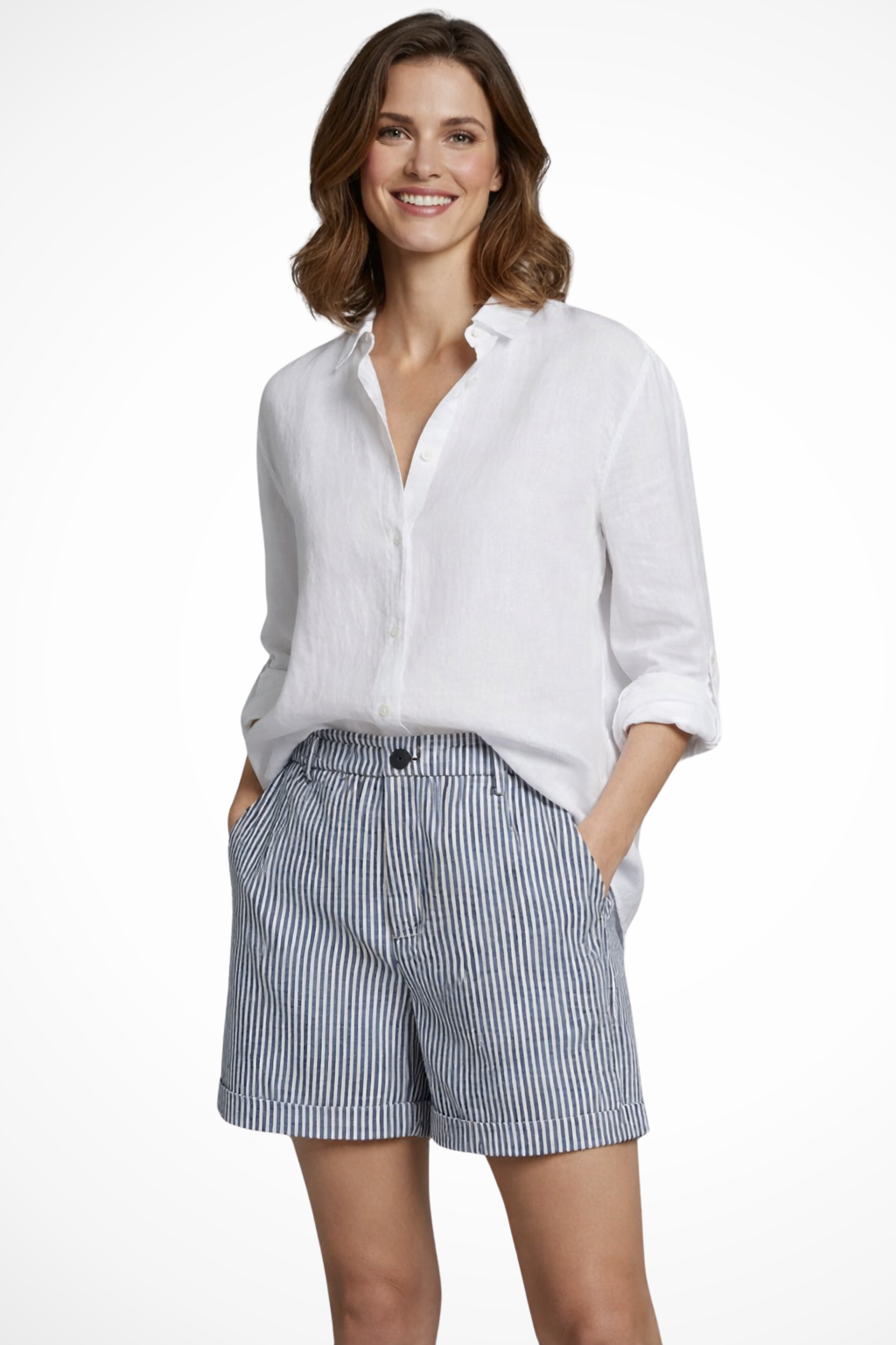 Close-up of elegant button detail on women's striped high waist tailored shorts, adding a sophisticated touch.