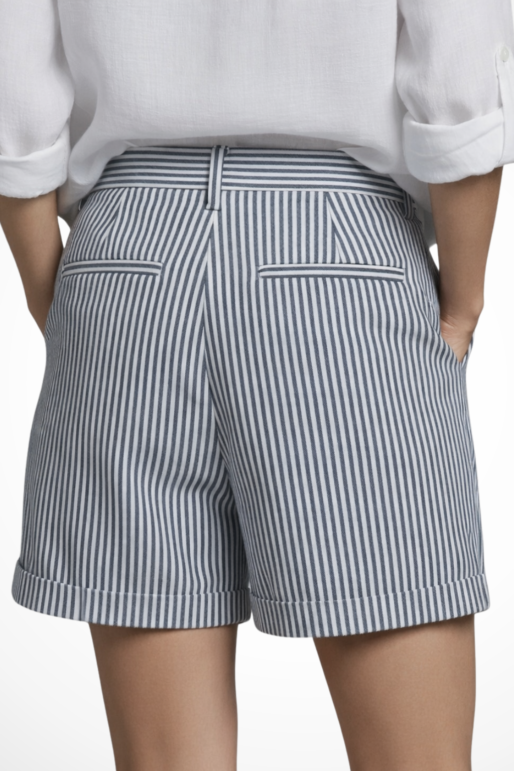 Vertical striped pattern on women's high waist tailored shorts, elongating the silhouette for a chic summer.