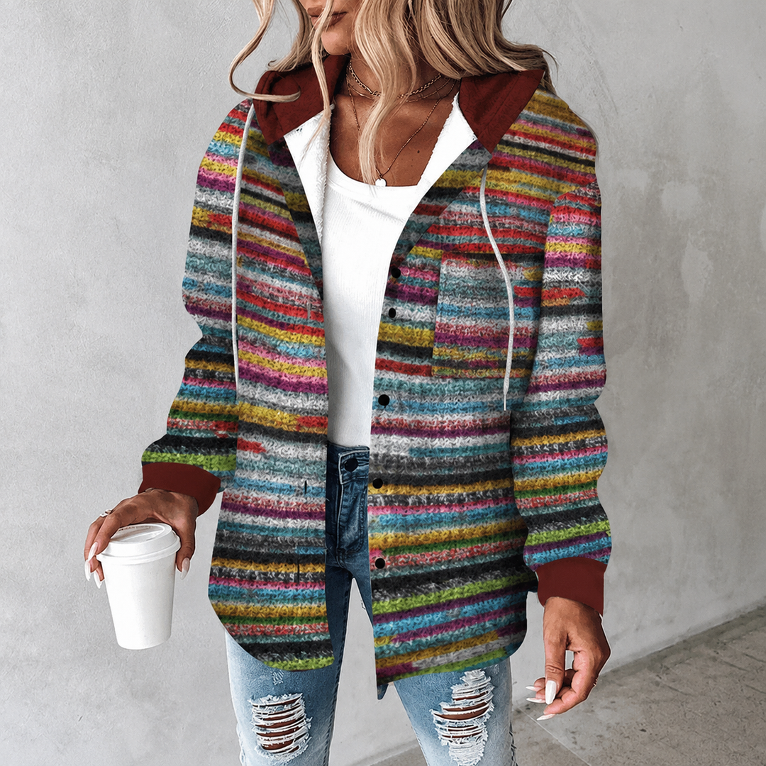 Women's striped hooded jacket with button-down front, relaxed fit, and stylish color block design for casual everyday wear.