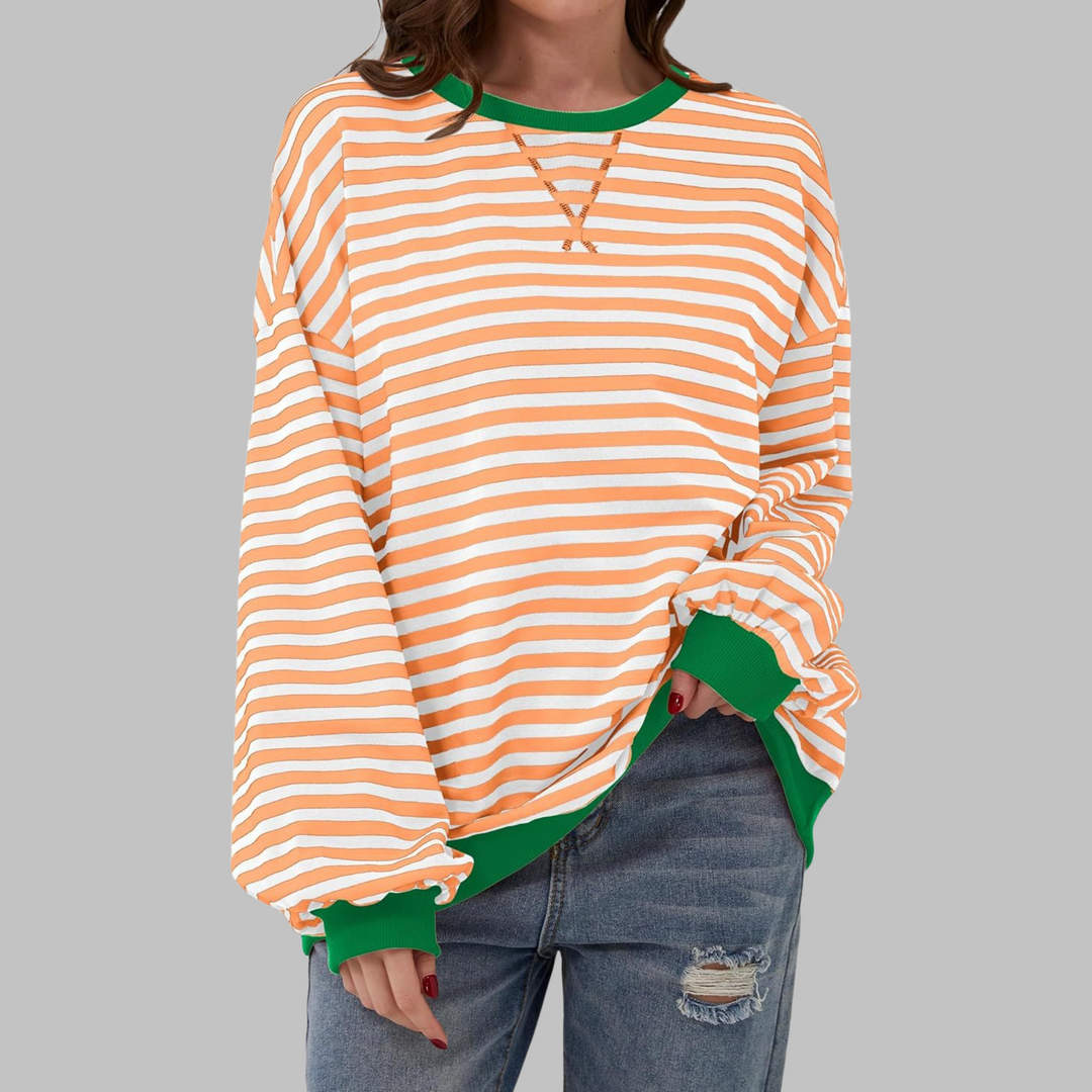 Versatile multicolor striped long sleeve women's top, relaxed fit, ideal for casual and cozy outfits.