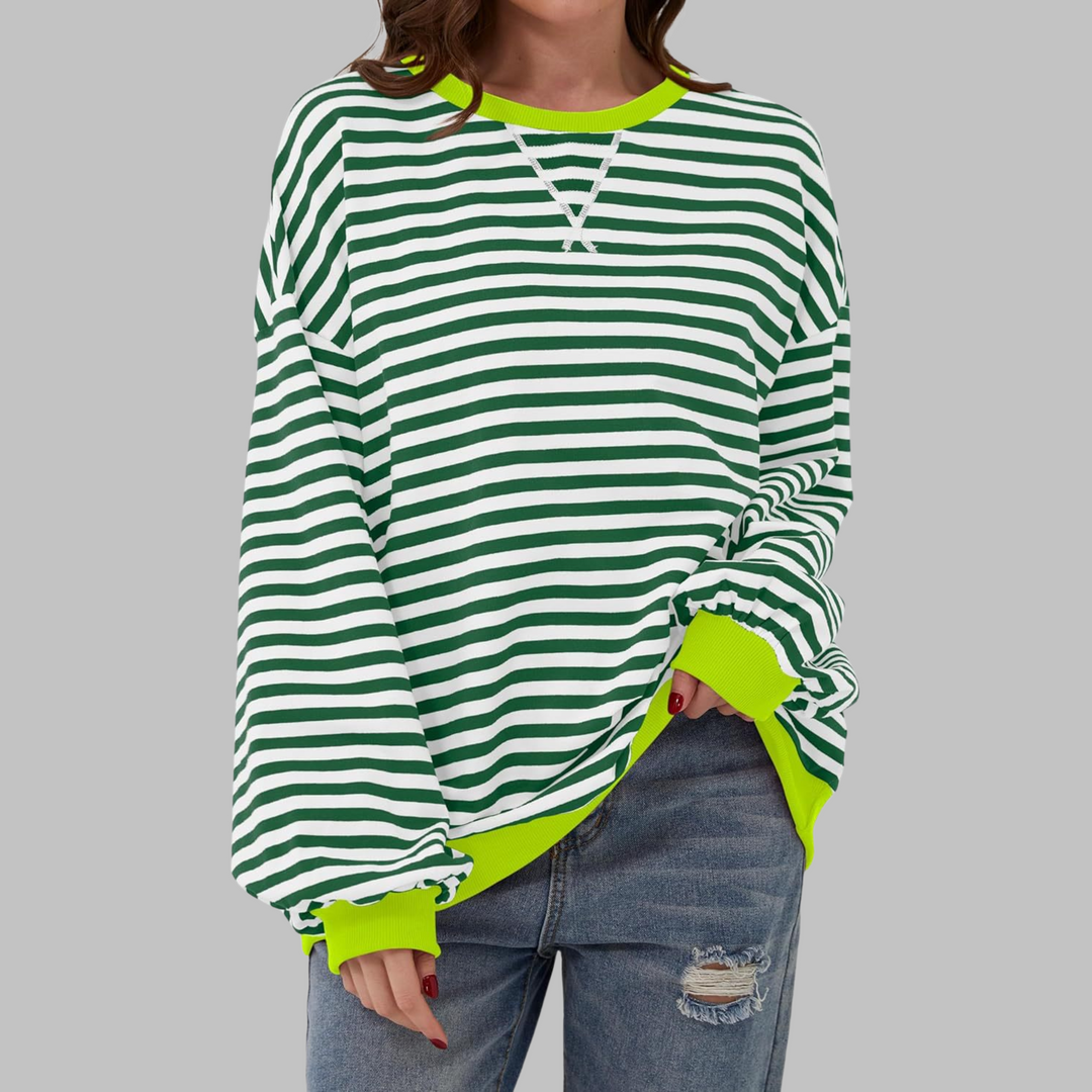 Multicolor striped long sleeve women's sweatshirt. Relaxed fit, cozy and stylish for casual days.