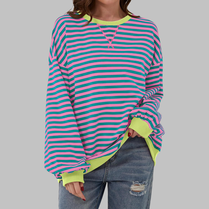Plus size women's striped long sleeve sweatshirt, relaxed fit, perfect for cozy casual style.