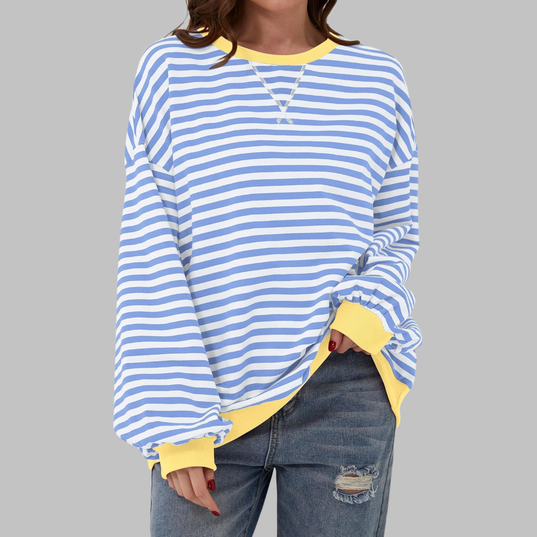 Stylish women's striped long sleeve top, relaxed fit casual wear. Great for fall outfits.