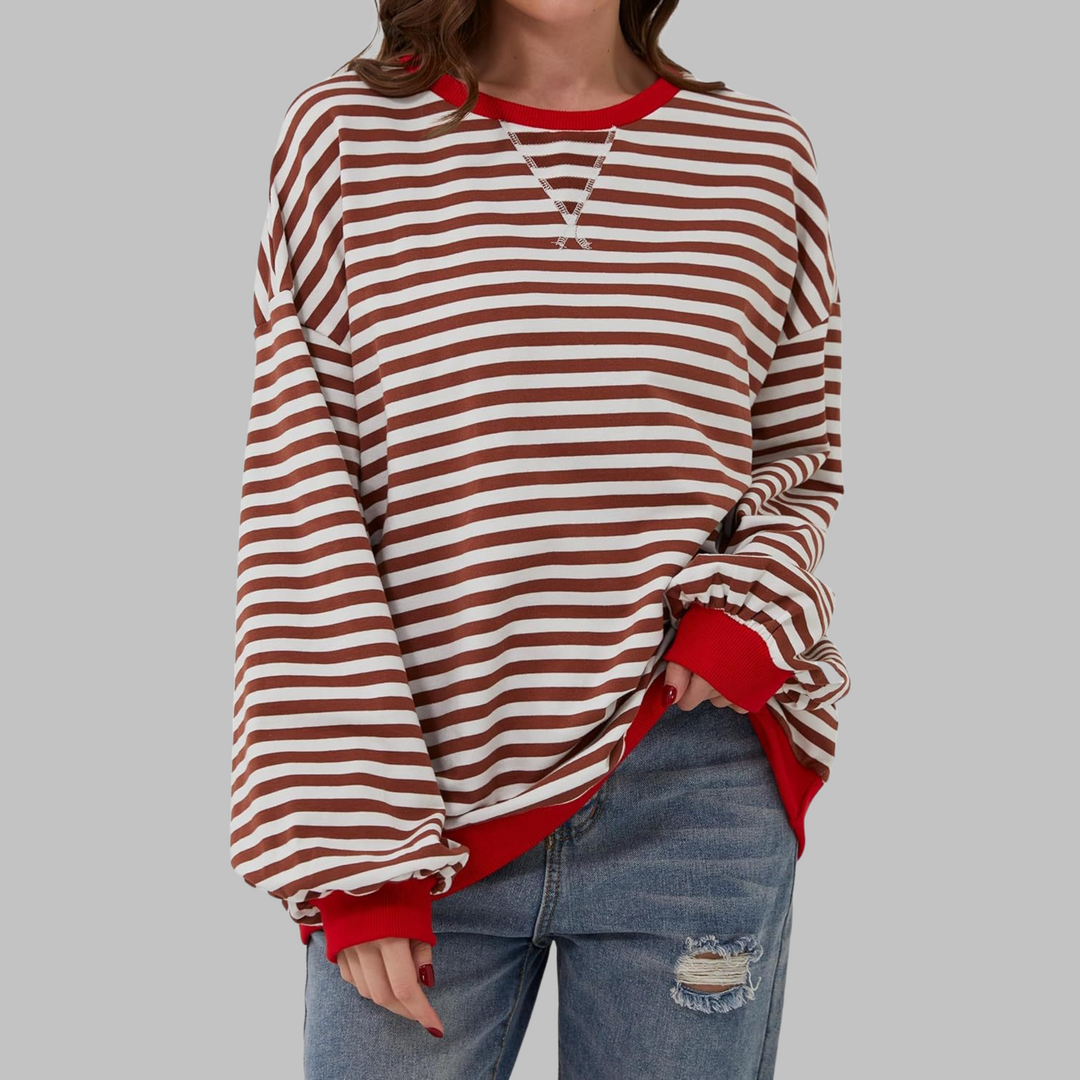 Relaxed fit women's long sleeve striped sweatshirt, perfect for casual, comfortable winter fashion.