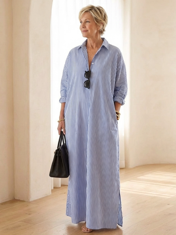 Women's striped long sleeve maxi shirt dress with collar, perfect for casual everyday wear and relaxed fit.