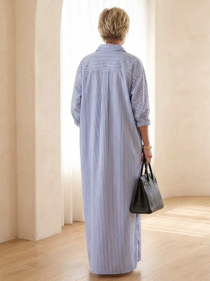 Relaxed fit women's striped maxi shirt dress, long sleeve & collared, versatile for women's casual fashion.
