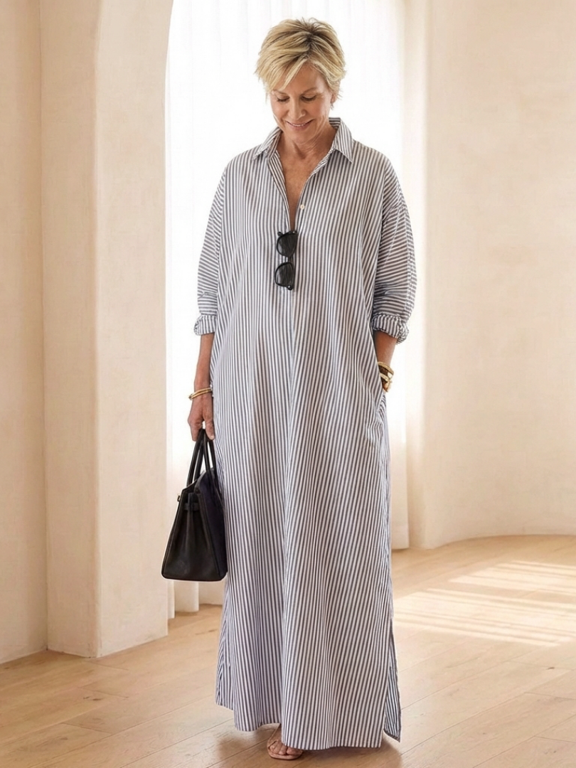 Chic women's long sleeve striped maxi shirt dress with collar, ideal for relaxed, fashionable everyday wear.