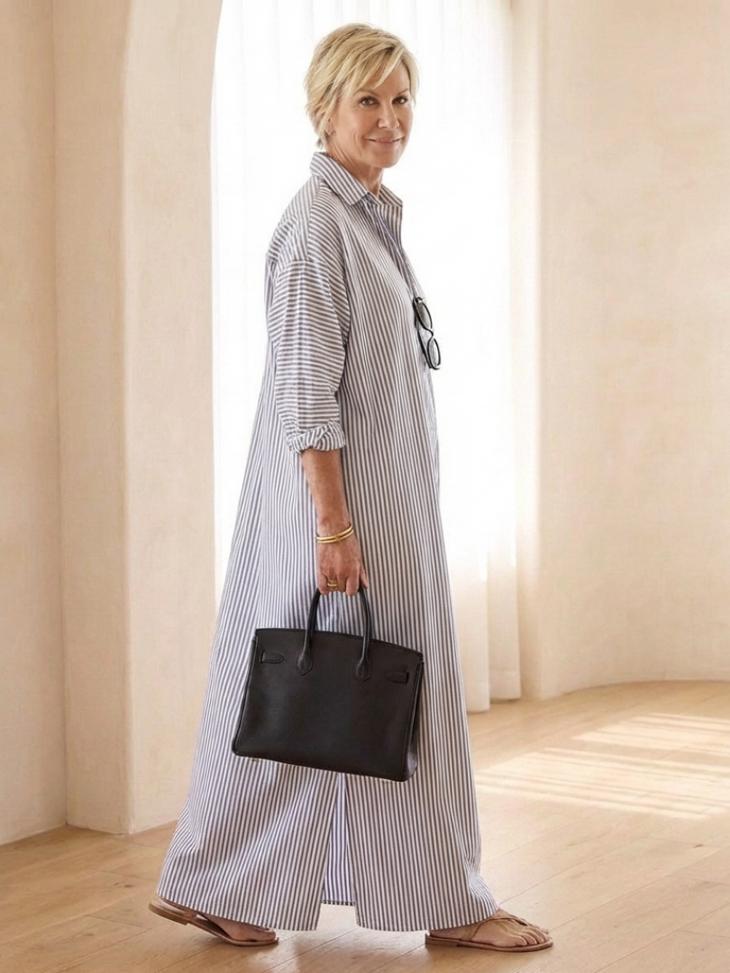 Women's fashion striped long sleeve maxi shirt dress, collared and relaxed fit for versatile casual styling.