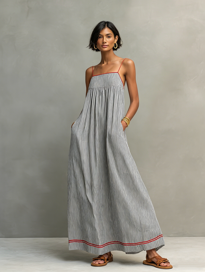 Casual striped maxi dress, sleeveless with spaghetti straps & gathered detail, great for summer holidays.