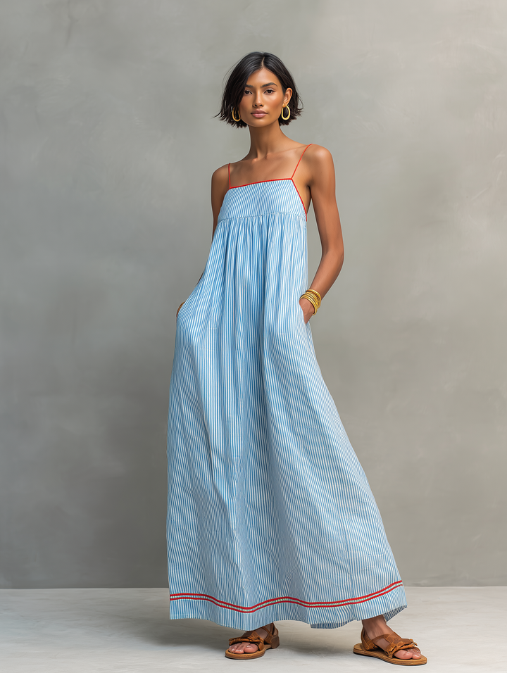 Versatile women's striped maxi dress, sleeveless, with spaghetti straps & gathered detail for ultimate comfort.