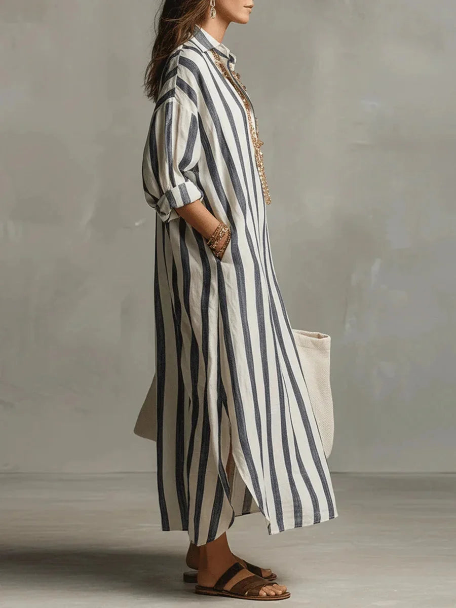 Comfortable women's striped maxi dress with roll-tab sleeves, a versatile elegant day dress for summer.