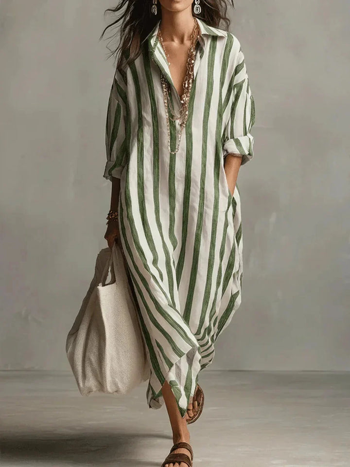 Chic women's striped long-sleeve maxi dress, a comfortable and elegant shirt dress for various occasions.