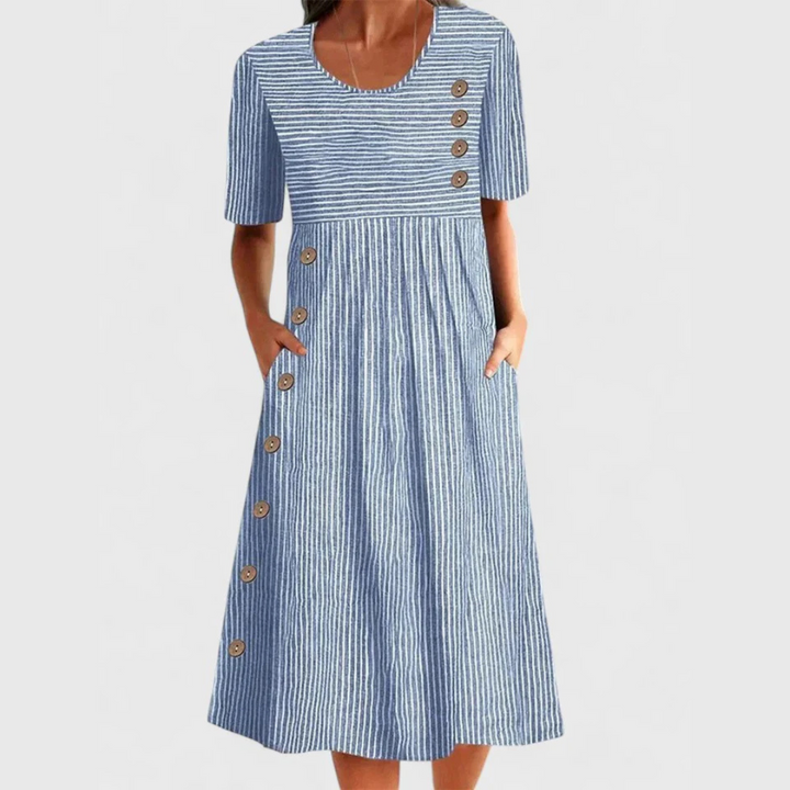 Women's striped midi dress with 3/4 sleeves, perfect for casual spring & summer fashion.