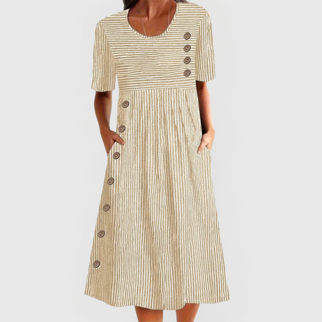 Chic women's striped midi dress with 3/4 sleeves, a stylish choice for casual spring outfits.