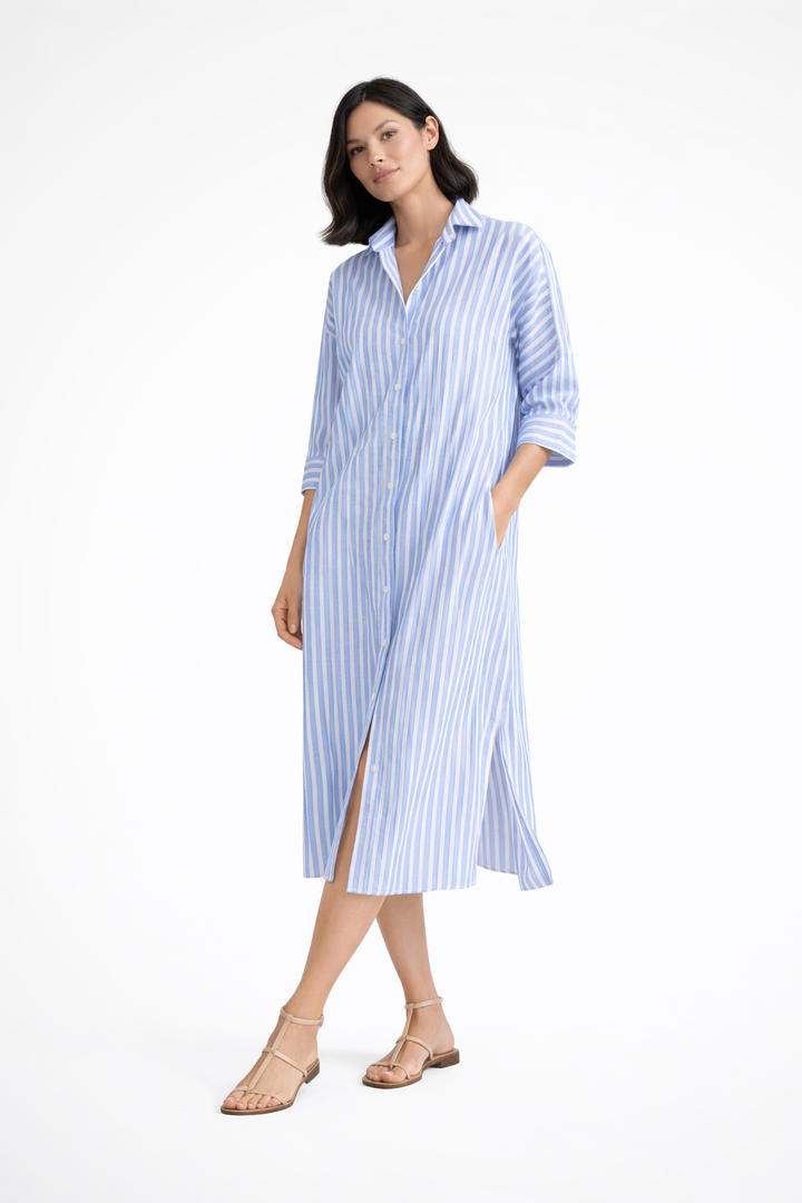 Stylish women's striped midi shirt dress. Ideal casual summer dress for an effortlessly chic day look.