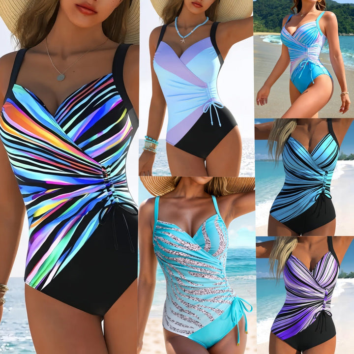 Women's striped one-piece swimsuit, figure-flattering beachwear for summer