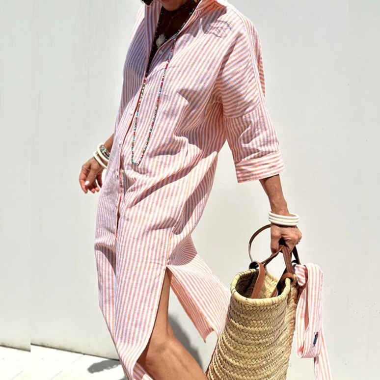 Women's striped relaxed shirt dress, perfect for summer vacation and effortless style.