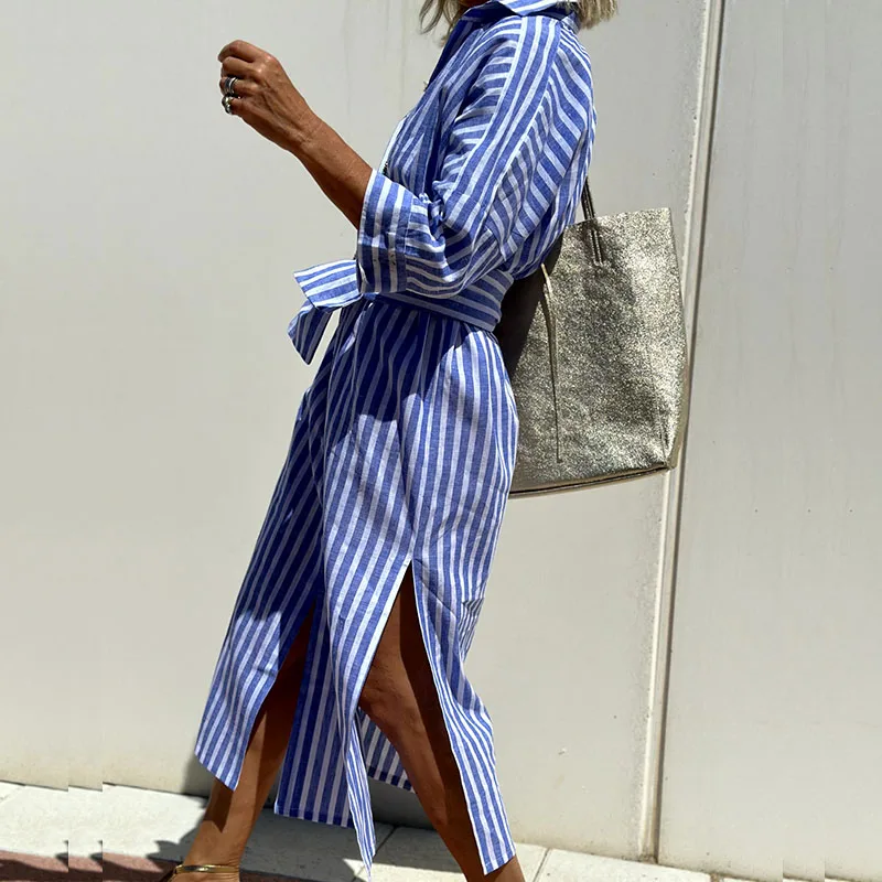 Casual women's button-down striped dress with a relaxed fit, ideal for summer comfort.