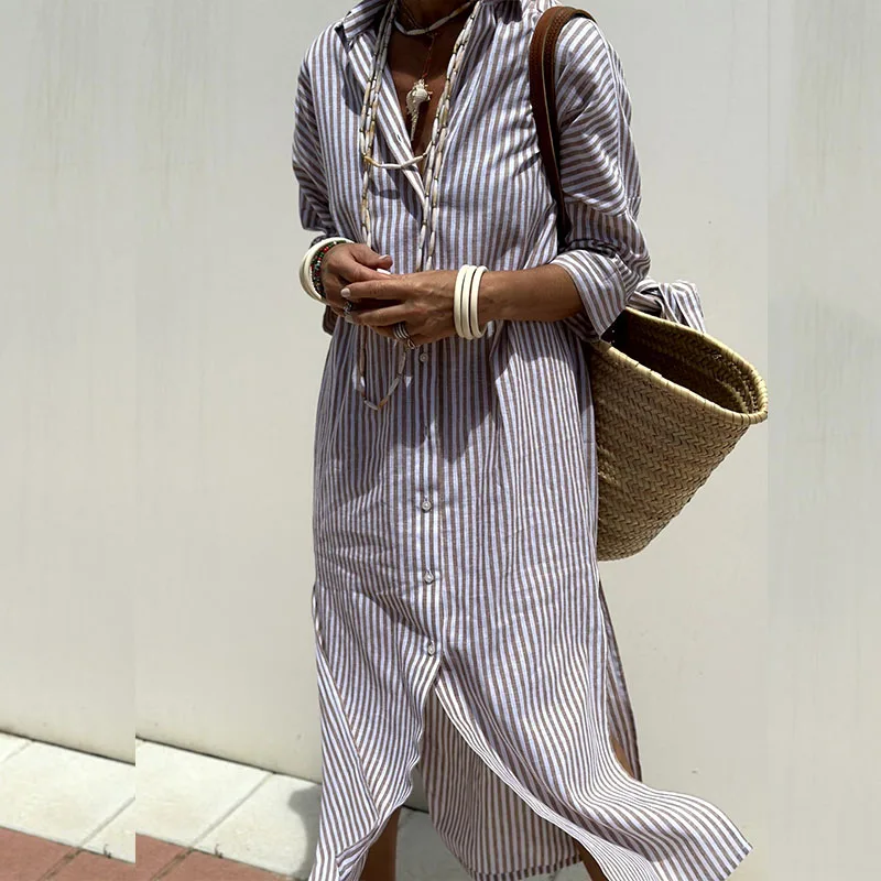 Effortless women's striped button-down shirt dress, a comfortable casual summer staple.