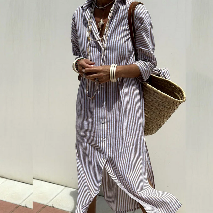 Effortless women's striped button-down shirt dress, a comfortable casual summer staple.
