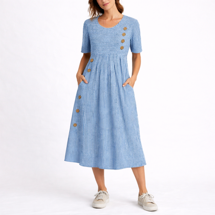 Women's striped scoop neck midi dress with pockets, perfect for casual summer fashion.
