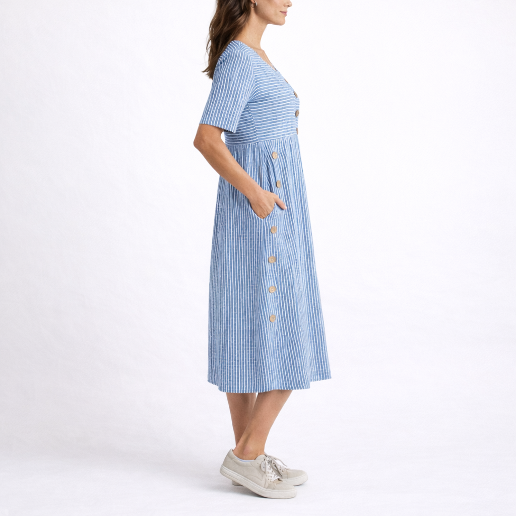 Striped scoop neck midi dress, short sleeve, fit & flare design with convenient pockets for everyday wear.