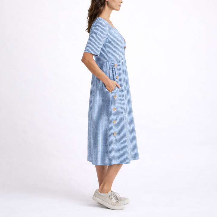 Striped scoop neck midi dress, short sleeve, fit & flare design with convenient pockets for everyday wear.