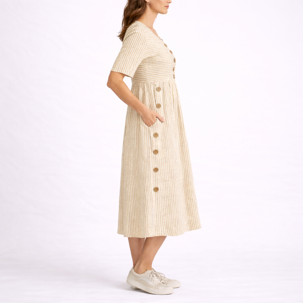 Stylish striped midi dress with a flattering scoop neck, short sleeves, and practical side pockets.