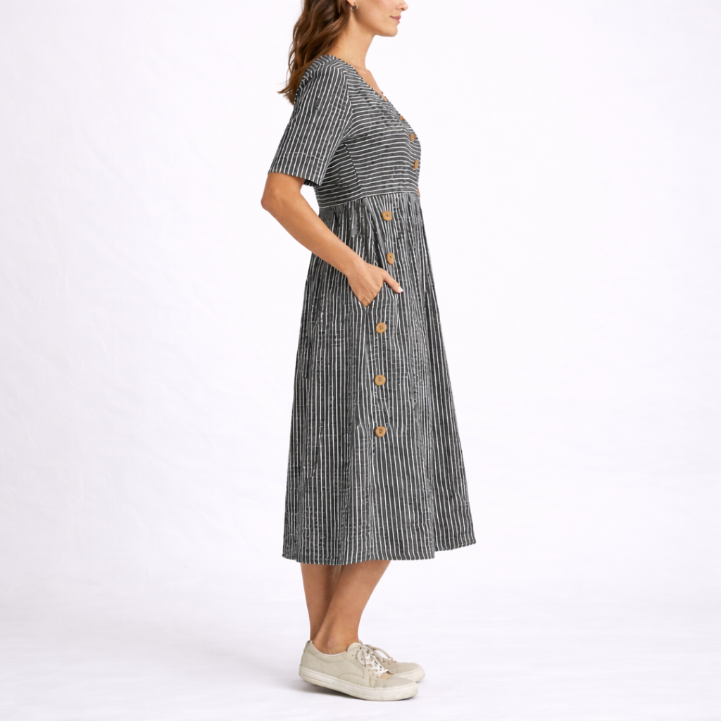 Everyday women's fit & flare striped midi dress with a scoop neck, short sleeves, and essential pockets.
