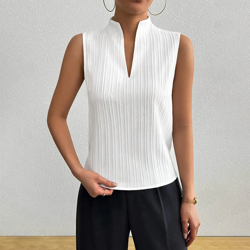 Women's striped sleeveless stand collar top, perfect for professional workwear and business casual outfits.