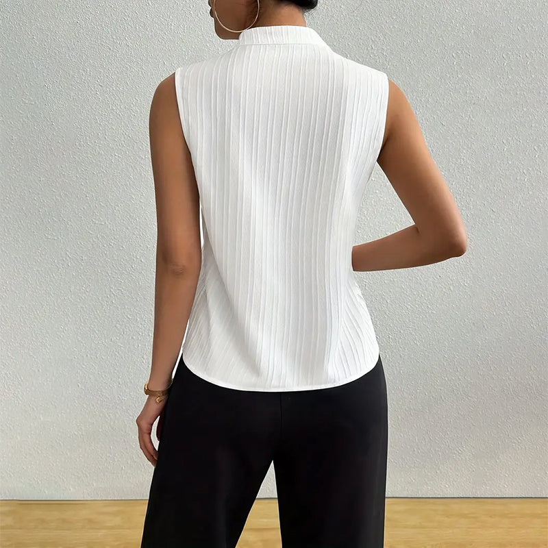 Elegant striped sleeveless top with a chic stand collar, ideal for summer fashion and office wear.