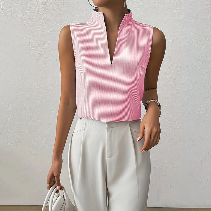 Stylish women's sleeveless stand collar blouse, featuring a modern striped pattern for business casual attire.