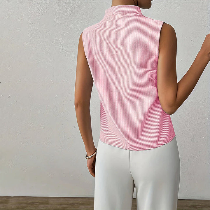 Professional striped sleeveless top for women, with a sophisticated stand collar, suitable for work and events.