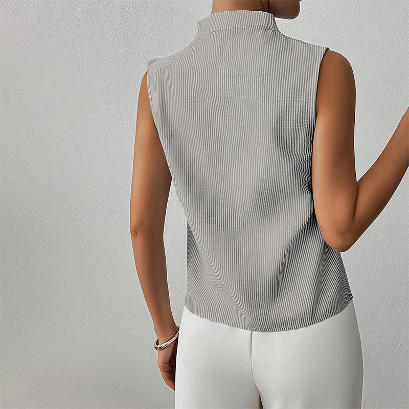 Striped women's sleeveless top with a stand collar, a versatile piece for professional or everyday fashion.