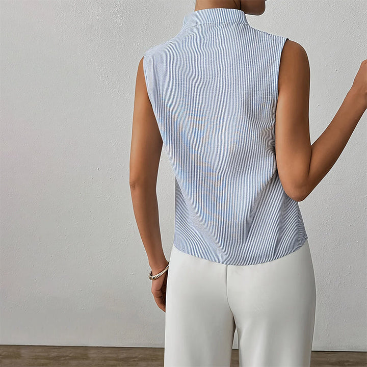 Modern striped sleeveless stand collar top for women, perfect for professional, business casual & summer elegance.