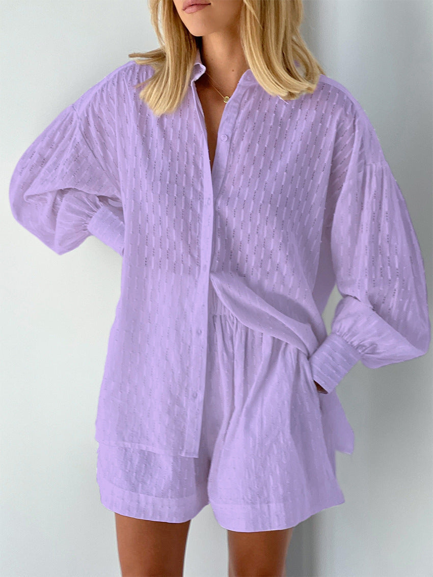 Striped resort wear for women, a matching summer set with an oversized shirt & casual shorts.