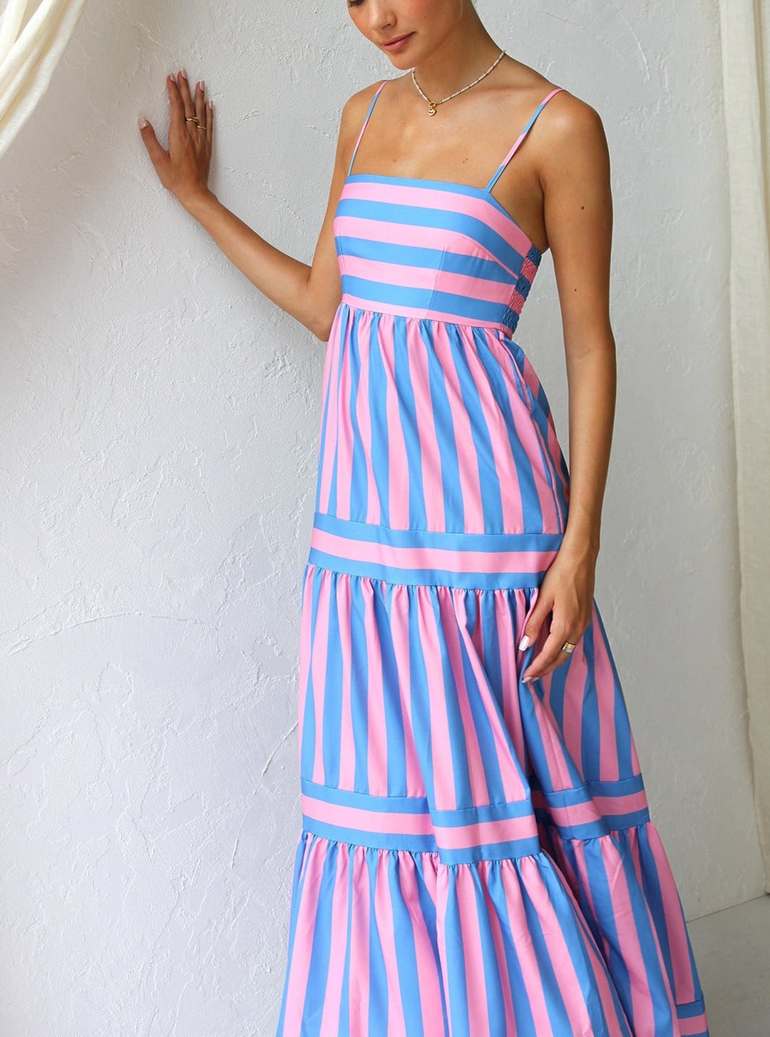 Green striped tiered maxi dress for women, a beautiful summer or casual dress with spaghetti straps.
