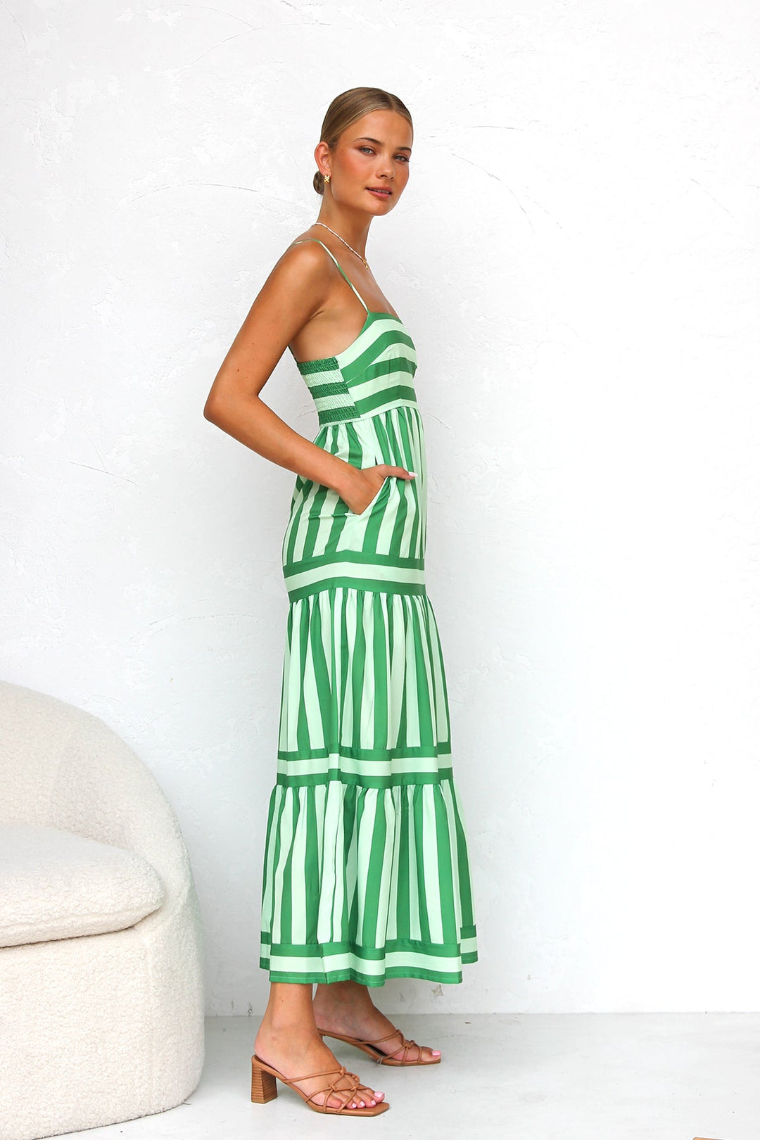 Comfortable women's striped tiered maxi dress, a flowy summer essential with spaghetti straps.