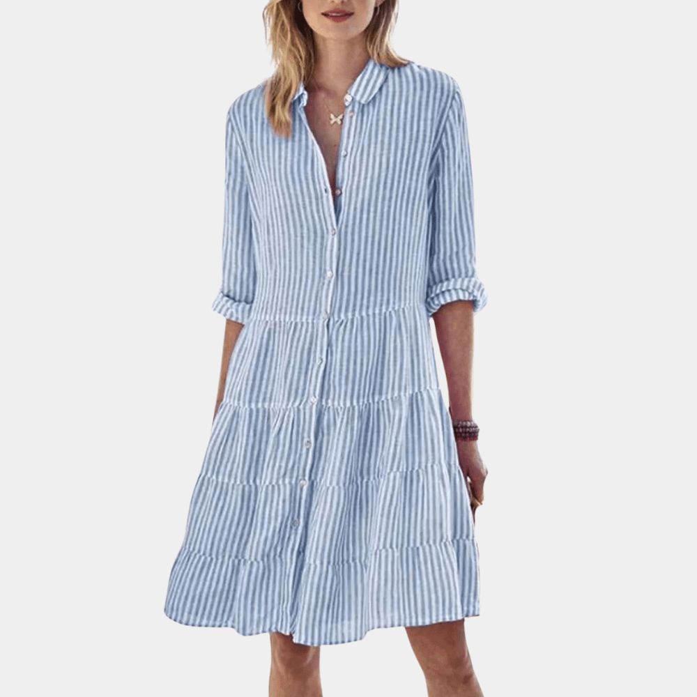 Lightweight & breathable women's striped tiered shirt dress. Button-up front, ideal for casual summer wear & comfort.