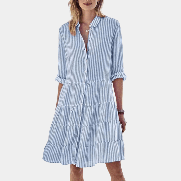 Lightweight & breathable women's striped tiered shirt dress. Button-up front, ideal for casual summer wear & comfort.
