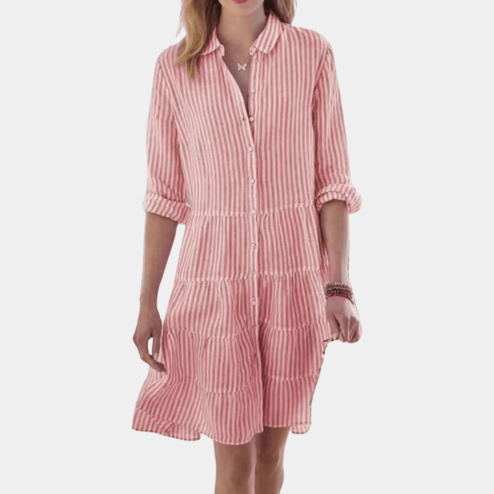 Flowy women's striped tiered shirt dress, a comfortable & chic midi for summer fashion. Breathable & casual elegance.